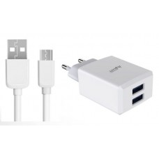 Carregador de corrente 2 USB 2,4A + cabo micro USB branco