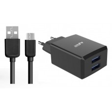 Carregador de corrente 2 USB 2,4A + cabo micro USB preto