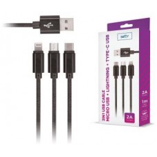 Cabo 2A USB 3 em 1 NYLON 1,2m preto